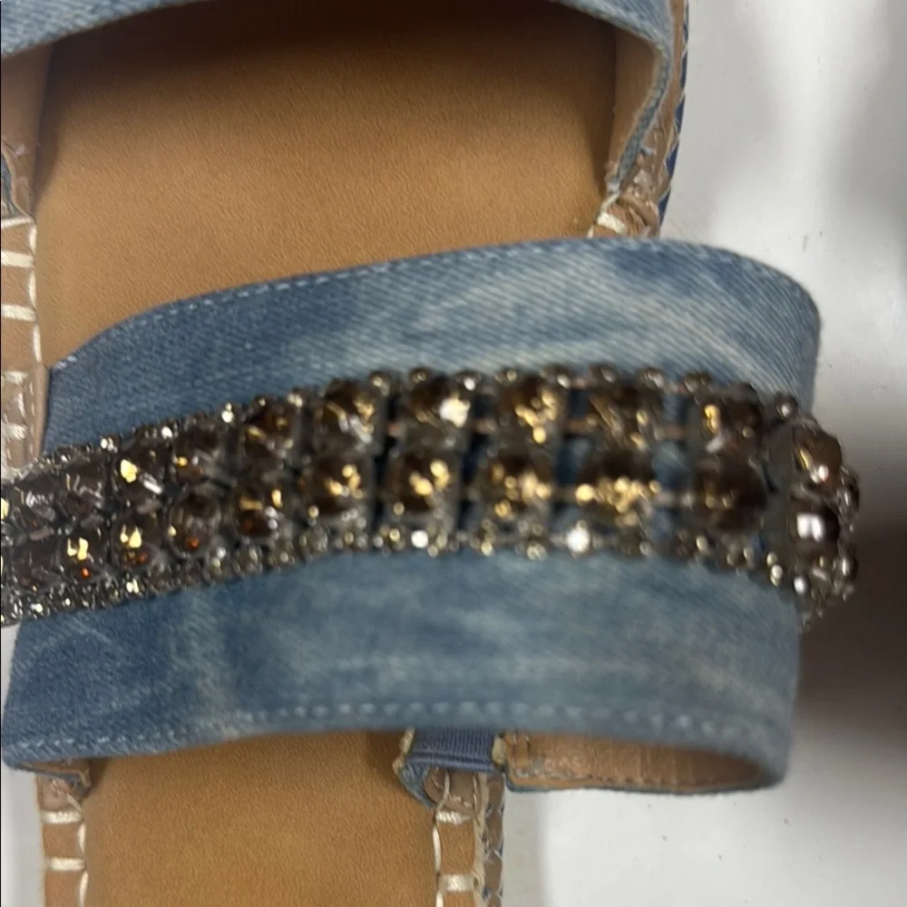 Crown Vintage Denim Blue and Tan Sandals with Studded Jeweled Straps Sz 9